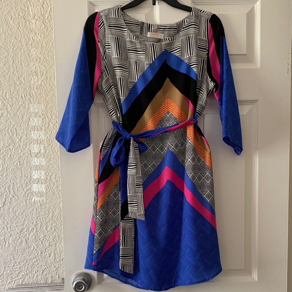 Renee C. Blue, Pink & Gold Geometric Belted Midi Dress